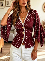 Retro Polka Dot Lace Patchwork Art Casual Stylish 3/4 Sleeve Shirt