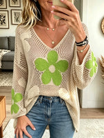 Women's Floral Knit V-Neck Sweater