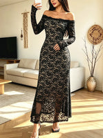 Retro Elegant Floral Lace Off-shoulder Art Casual Stylish Long Sleeve Dress