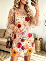 Women's Floral Embroidered Sheer Tulle Shift Mini Dress