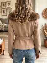 Women's Faux Fur Collar Belted Woolen Jacket