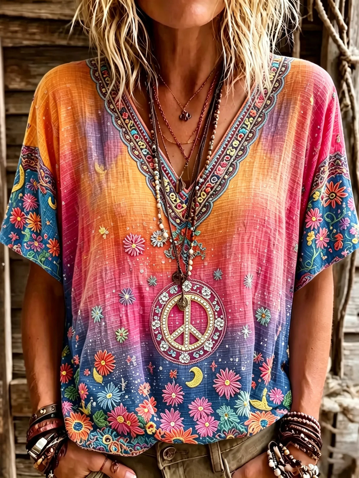 Women's Sunset Gradient Moon Star Daisy Peace Totem Print V-Neck Short Sleeve Vacation Top