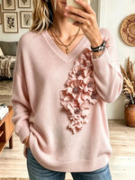Women's 3D Floral Embellished V-Neck Knit Sweater