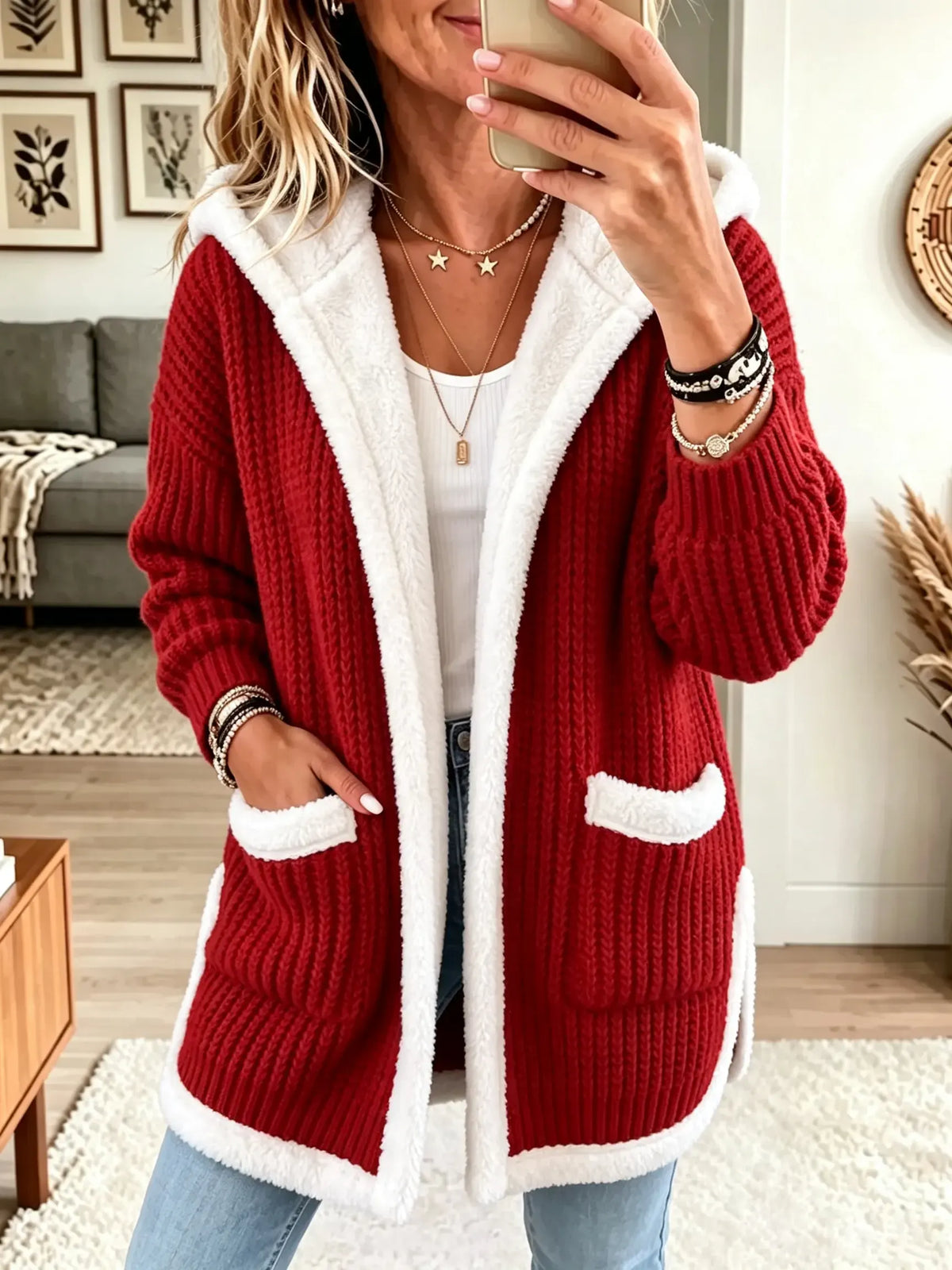 Women's Sherpa Fleece Lined Hooded Knit Cardigan