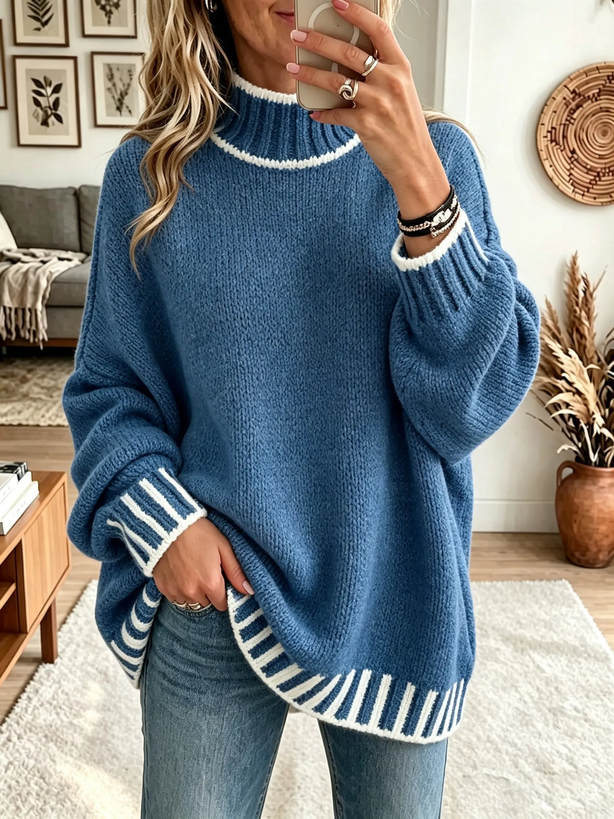 Women's Striped Trim Mock Neck Sweater