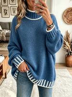 Women's Striped Trim Mock Neck Sweater
