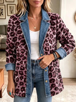 Retro Leopard Pattern Art Casual Denim Patchwork Stylish Long Sleeve Coat