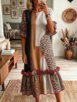 Women's Color Block Vertical Stripe Leopard Patchwork Red Trim Ruffle Sleeve Midi Dress