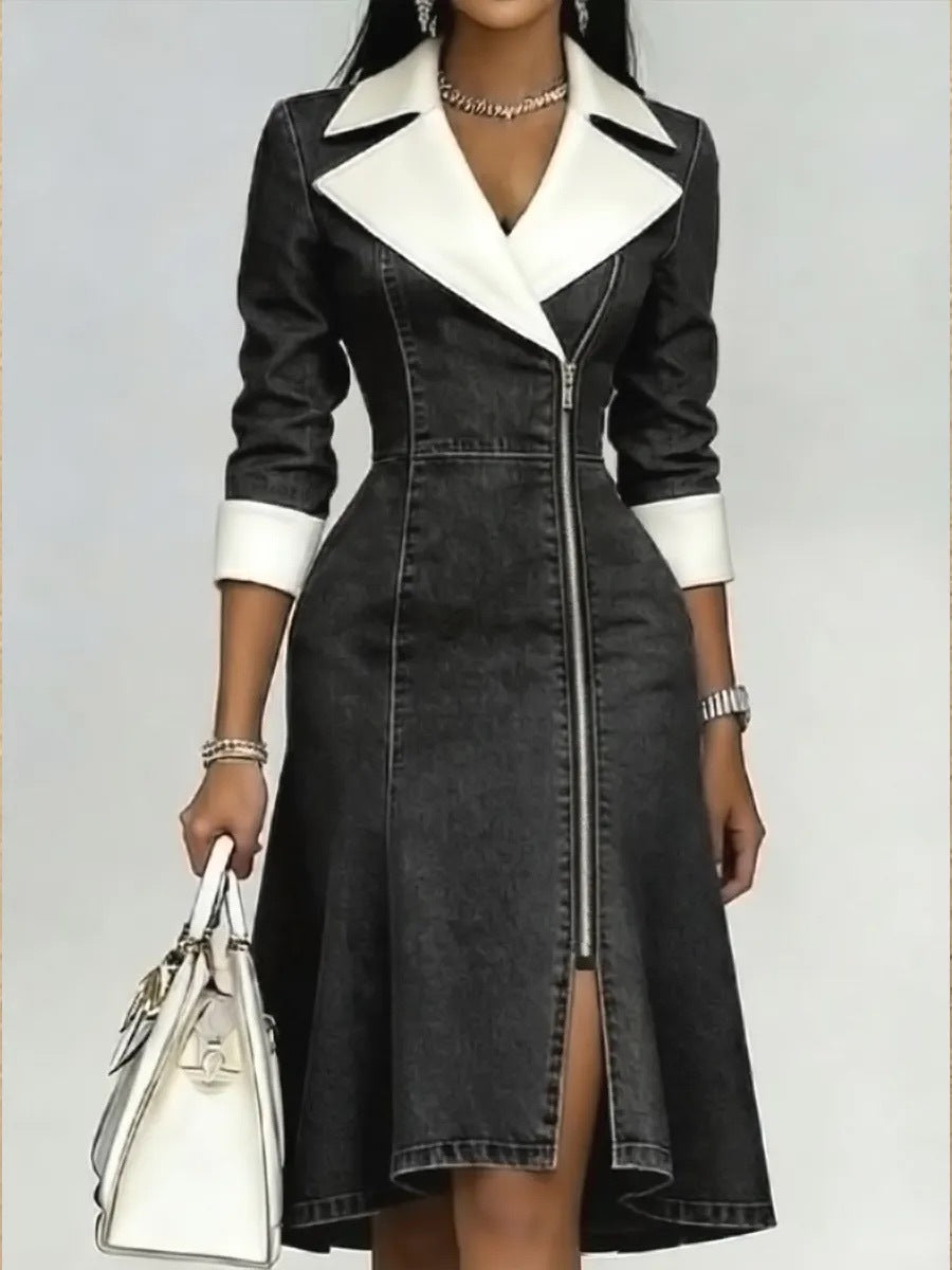 Women Contrast White Lapel Zipper Front Fit & Flare Denim Midi Dress