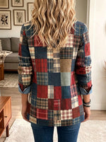 Plaid Patchwork Denim Spliced Blazer Jacket, Women Lapel Button Casual Outerwear