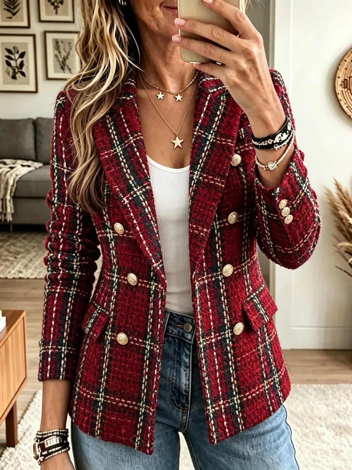 Women's Double-Breasted Plaid Tweed Blazer