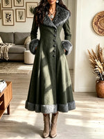 Women's Faux Fur Trim Double-Breasted Woolen Maxi Coat