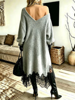 Women's Elegant Black Lace Patchwork Shoulder Sweater Maxi Dress
