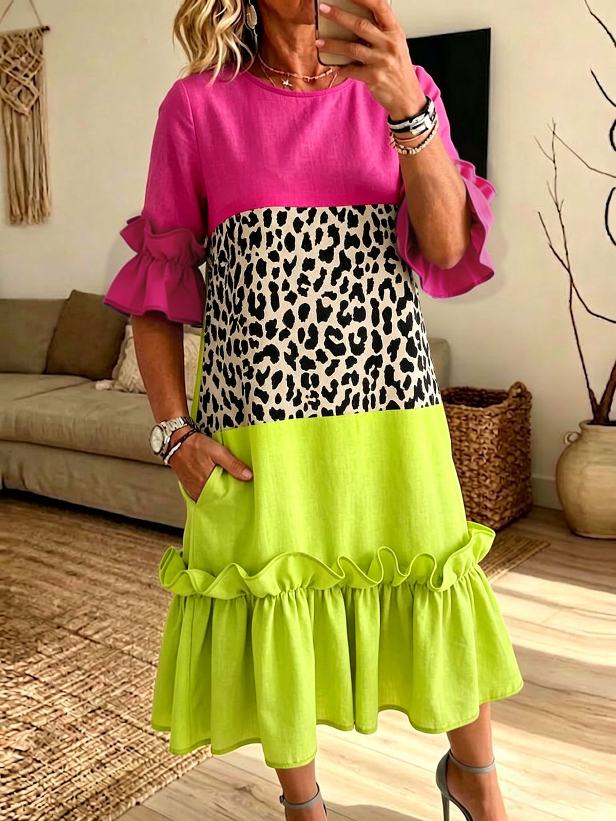 Color Block Leopard Print Ruffle Midi Dress With Pockets