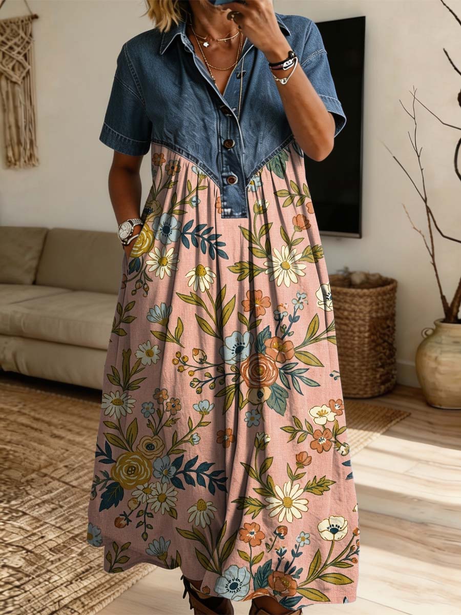 Vintage Floral Pattern Art Print Casual Stylish Lapel Denim Patchwork Dress