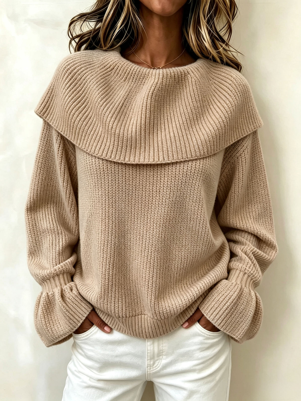 Women Off‑The‑Shoulder Big Fold‑Over Collar Ribbed Knit Sweater