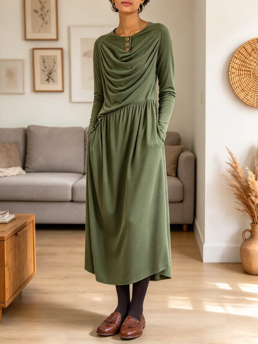 Vintage Chic Flowy Art Casual Stylish Long Sleeve Midi Dress