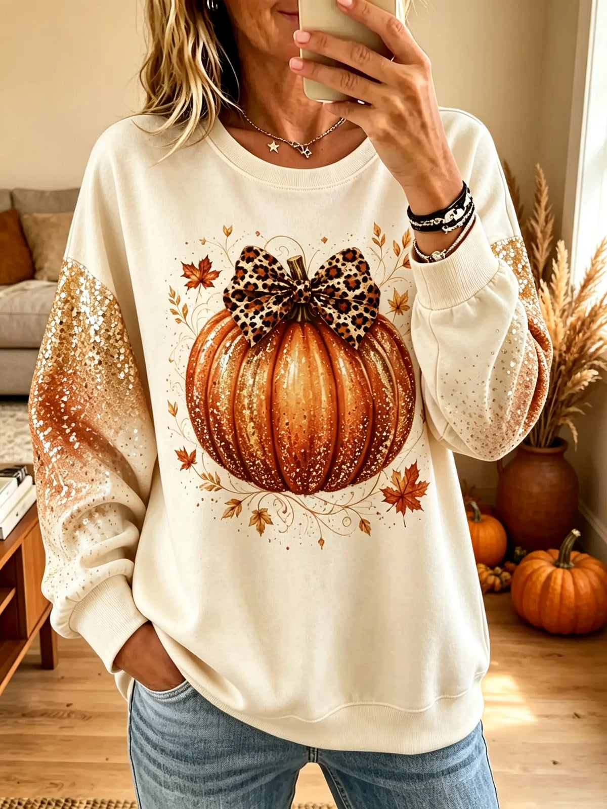 Women's Leopard Bow Pumpkin Glitter Sleeve Sweatshirt