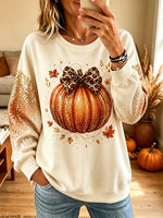 Women's Leopard Bow Pumpkin Glitter Sleeve Sweatshirt