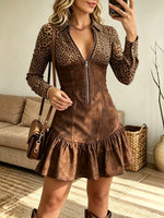 Women's Leopard Patchwork Zip-Front Mini Dress