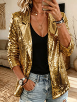 Silver Sequin Notched Lapel Blazer, Women Open Front Party Jacket