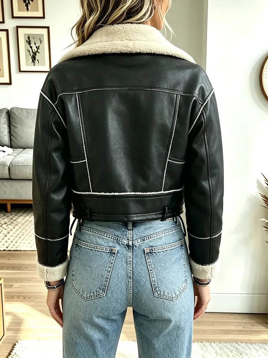 Women Retro Short Warm Motorcycle Jacket