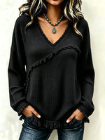 Fringe Trim Waffle Knit V‑Neck Sweater, Women Long Sleeve Loose Pullover Top