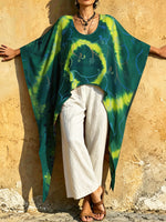 Women‘s Boho Green Tie Dye Swirl Print Oversized Batwing Kaftan Top
