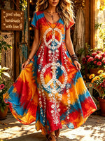 Women's Tie-Dye Daisy Peace Print Maxi Dress