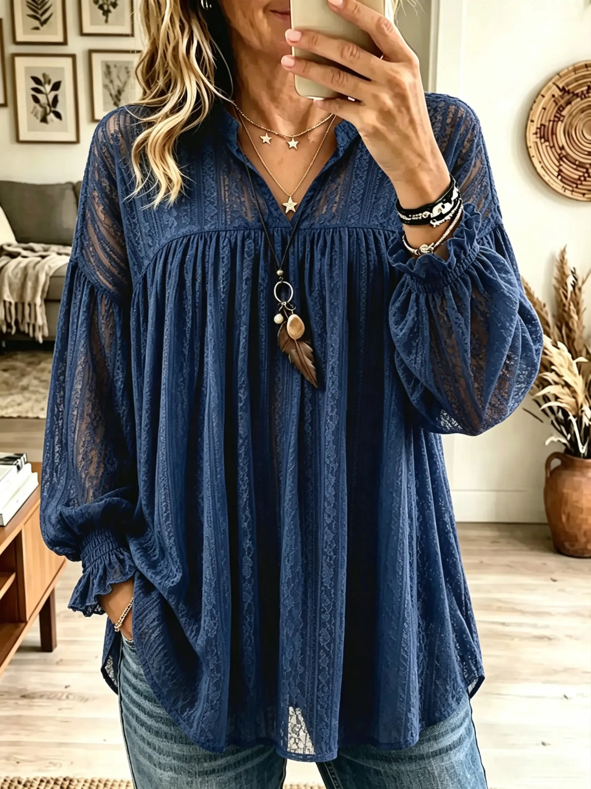 Women's Babydoll Eyelash Lace Henley Tunic Top