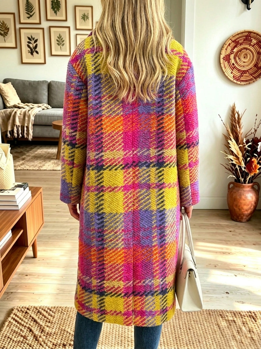 Women Vibrant Colorful Plaid Notched Lapel Button‑Front Midi Wool Blend Coat