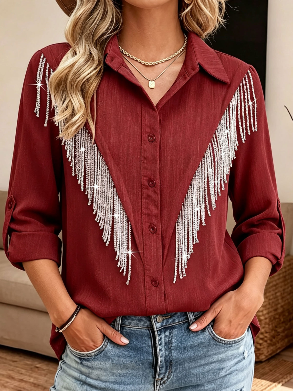 Women Collar Roll‑tab Long Sleeve Western Rhinestone Fringe Button‑down Shirt Blouse