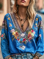 Retro Floral Embroidery Art Casual Stylish Long Sleeve Cotton Linen Shirt
