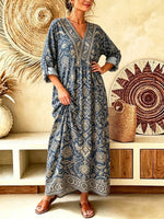 Retro Ethnic Floral Pattern Art Print Casual V-neck Cotton Linen Maxi Dress