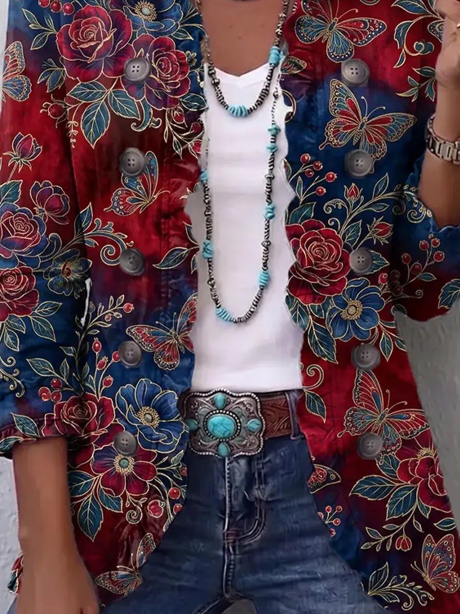 Retro Floral Butterfly Pattern Art Print Ruffle Casual Stylish Cotton Lapel Coat