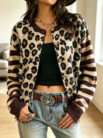 Retro Leopard Stripe Art Casual Stylish Long Sleeve Knitted Cardigan Sweater