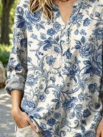 Women's Retro Floral Pattern Art Print Casual Long Sleeve Linen Shirt