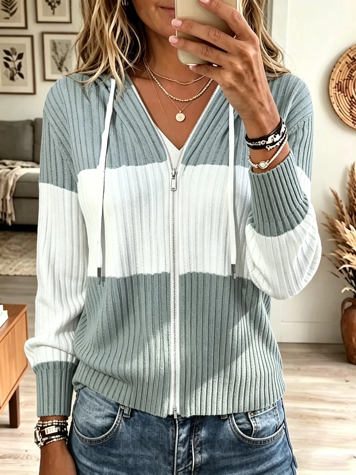 Women's Striped Ribbed Knit Zip-Up Cardigan