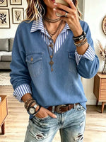 Retro Chic Stripe Denim Patchwork Art Casual Stylish Long Sleeve Shirt