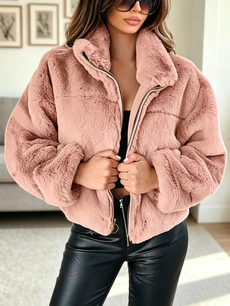 Retro Warm Fur Art Casual Stylish Lapel Zip Long Sleeve Coat