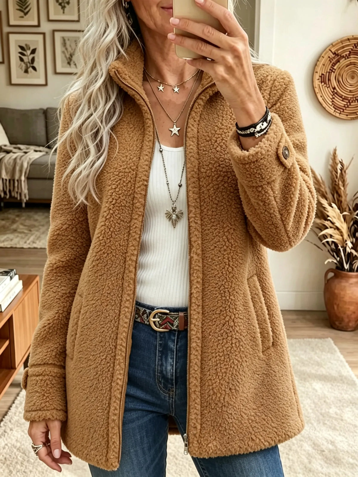 Women's Plush Fleece Full-Zip Mid-Length Coat