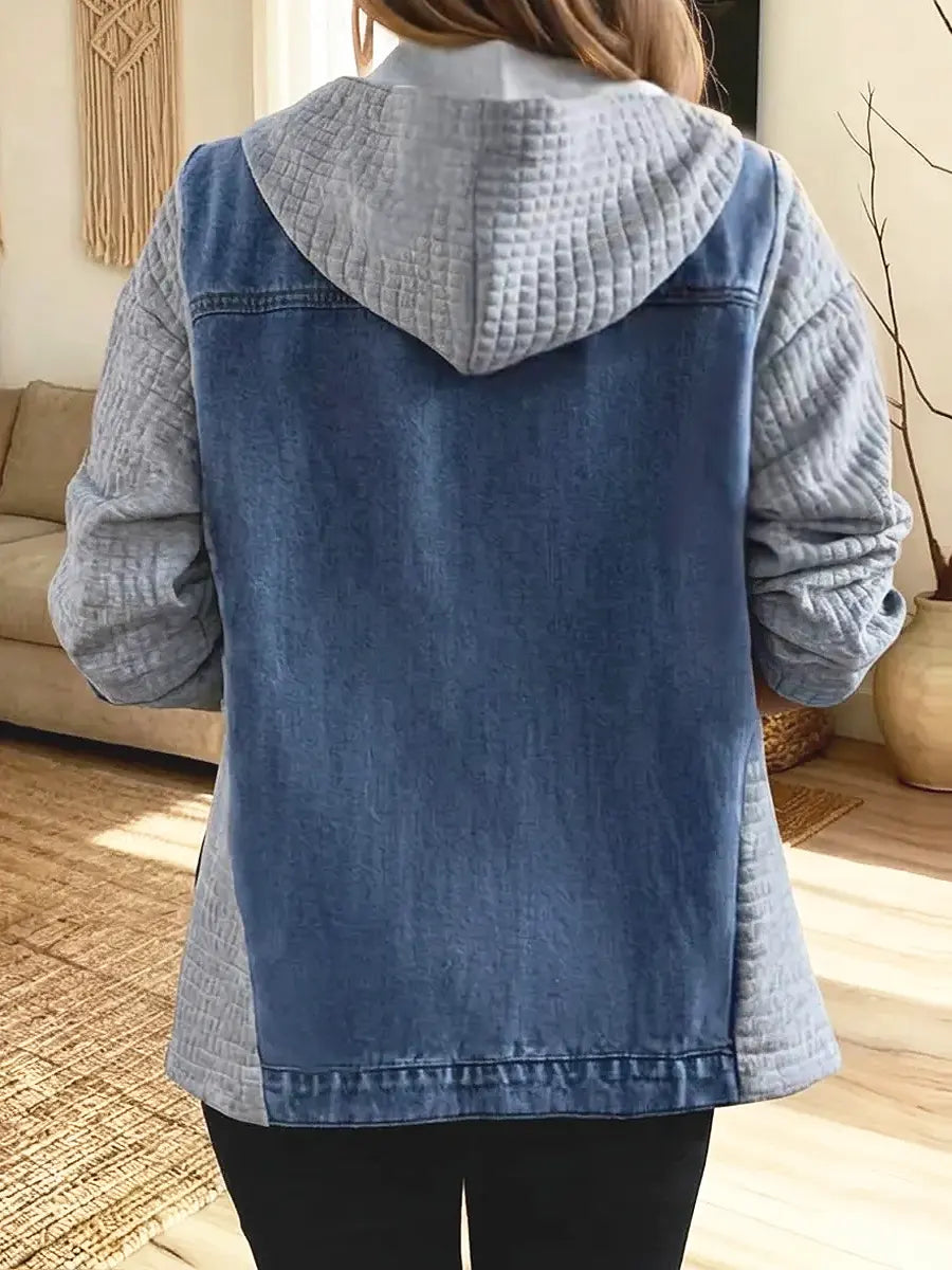 Retro Long Sleeve Hooded Casual Stylish Waffle Denim Patchwork Coat