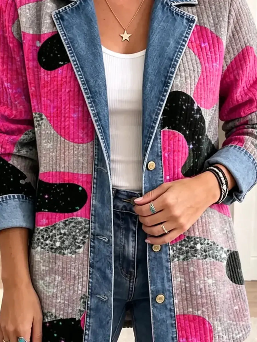 Retro Abstract Shiny Pattern Art Casual Denim Patchwork Stylish Long Sleeve Coat