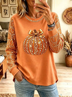 Women's Glitter Bow Pumpkin Print Long-Sleeve Sweatshirt