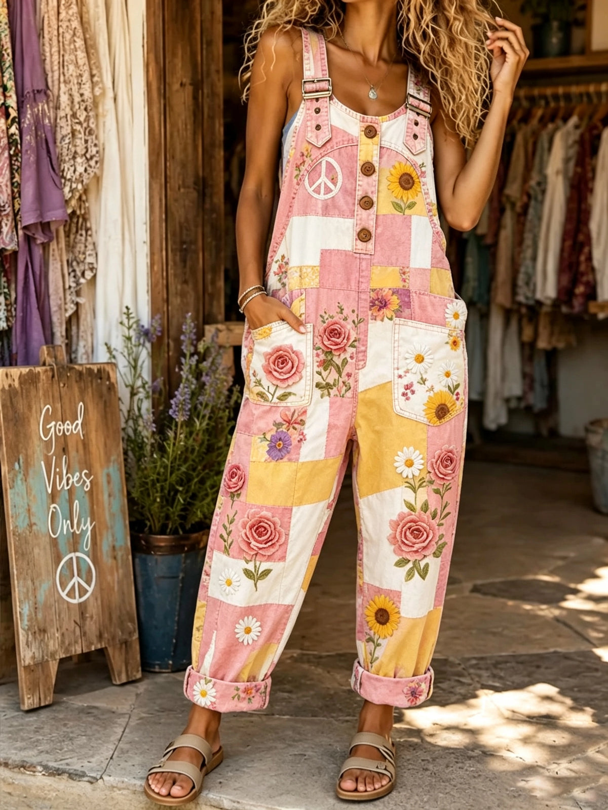 Women's Pink Floral Patchwork Print Overalls