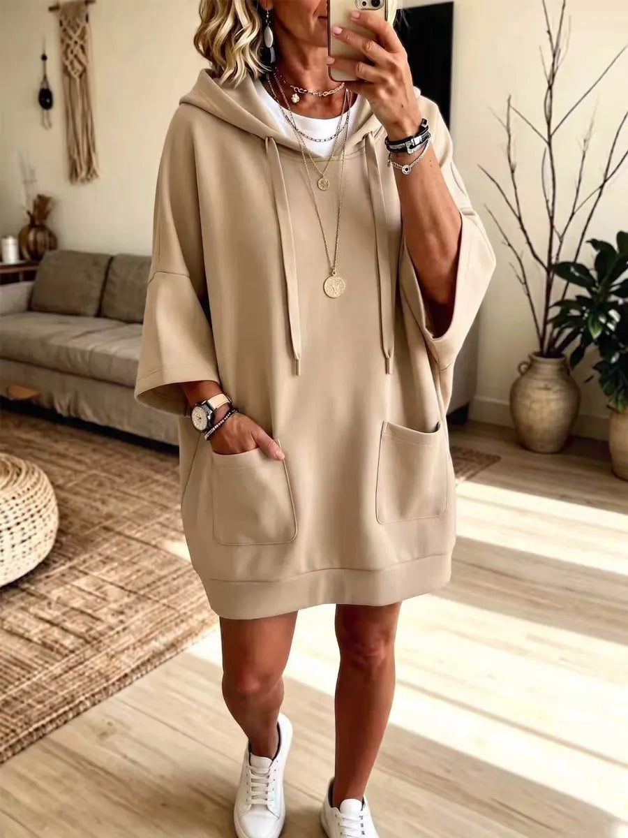Retro Hooded Art Casual Stylish 3/4 Sleeve Short Sweatshirt Dress