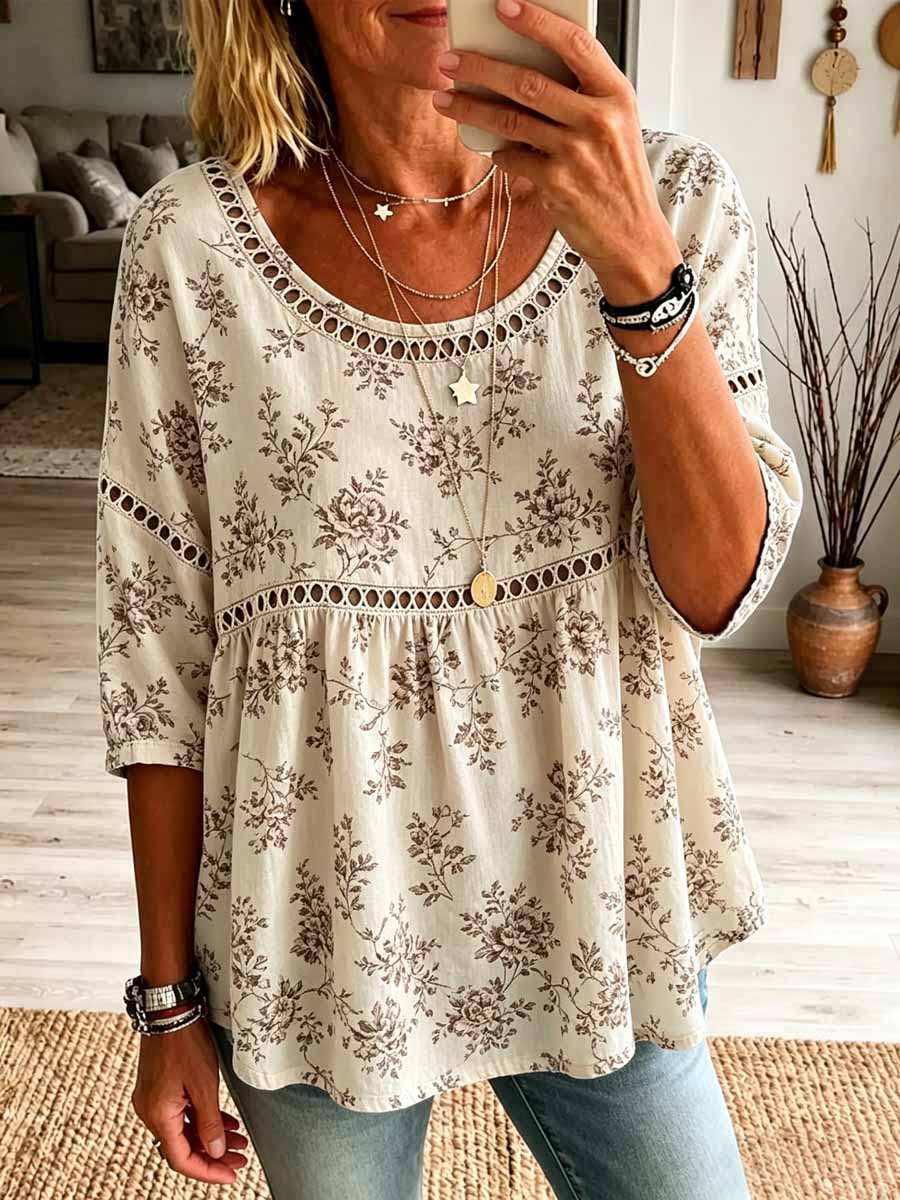 Retro Floral Pattern Art Print Casual Hollow Short Sleeve Cotton Linen Shirt