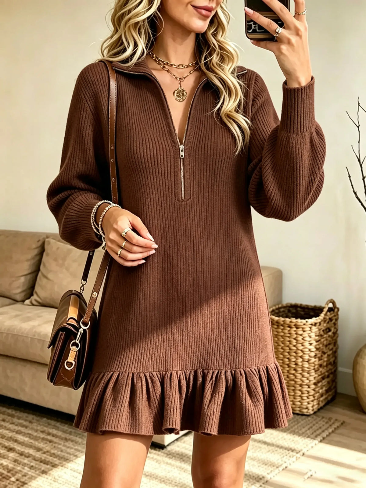 Women's Half-Zip Ruffle Hem Ribbed Sweater Dress