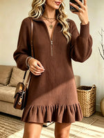 Women's Half-Zip Ruffle Hem Ribbed Sweater Dress