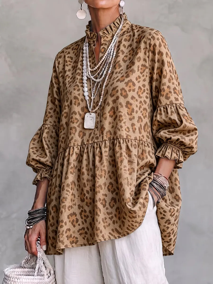 Retro Leopard Art Pattern Print Ruffle Casual Stylish Cotton Linen Shirt